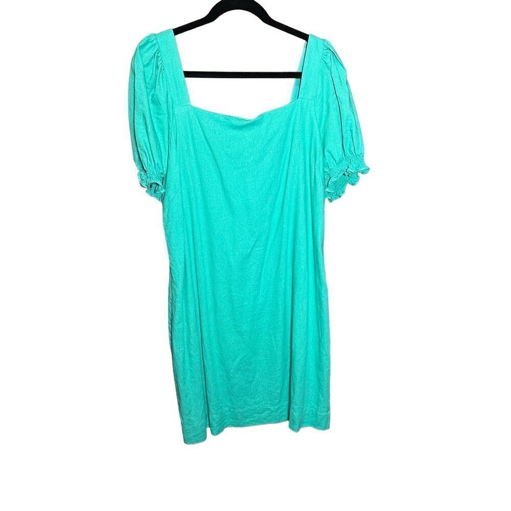 Draper James RSVP Squareneck Puff Sleeve Dress‎ linen blend sz XL bright teal